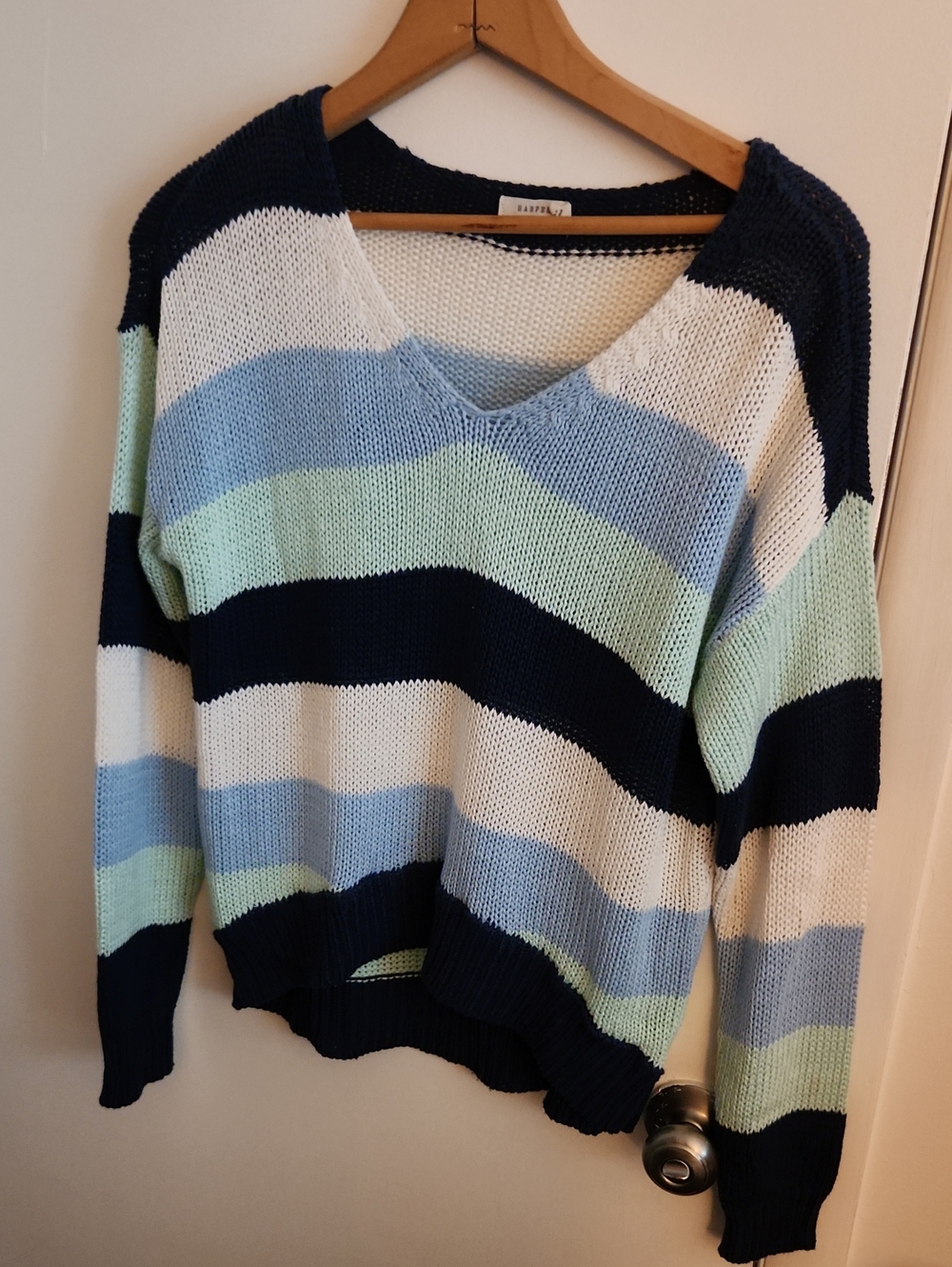 Womens Harper Striped V-Neck Sweater in Navy, Light Blue & Mint
